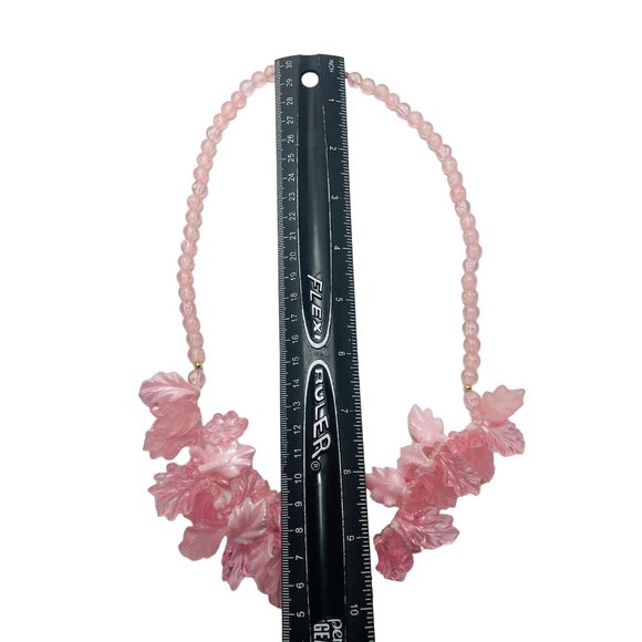 Pink Molded Lucite Leaf Frosted Bead Runway Couture Necklace 24”